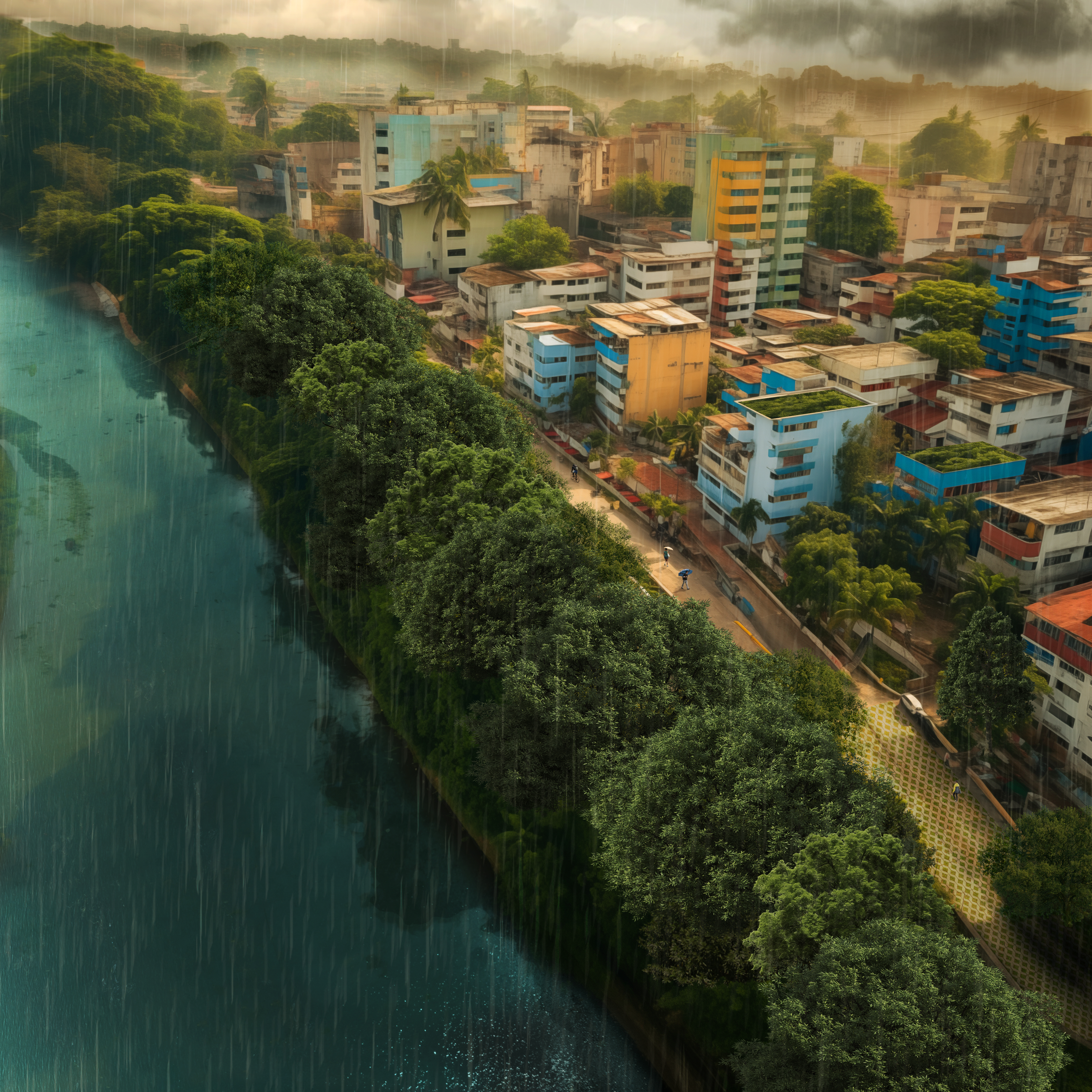 Ilustração realista mostra um bairro simples com prédios de pequena estatura e casas ao lado de um rio bem arborizado. Tudo embaixo de chuva.