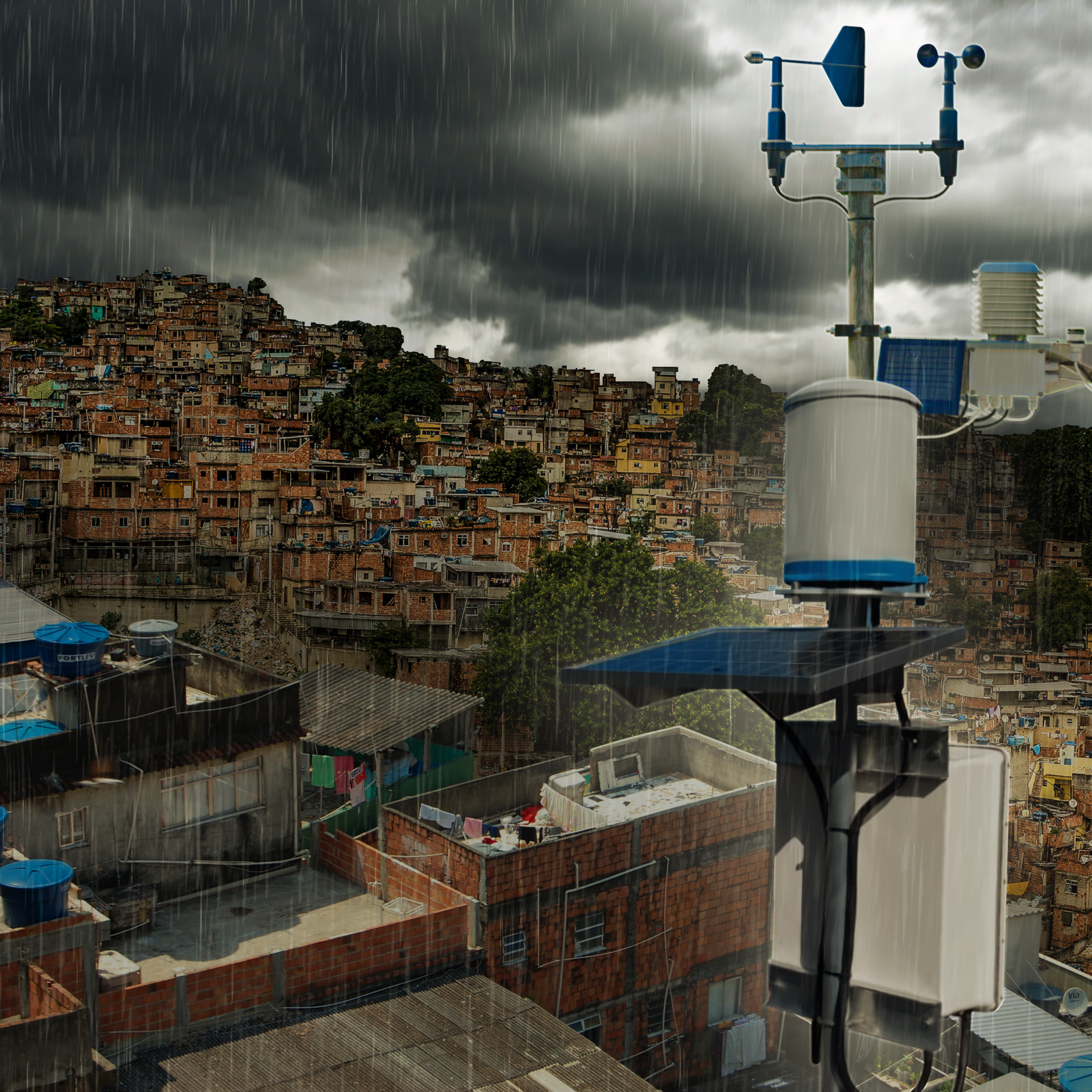 Ilustração realista mostra uma antena de estação metereológica em primeiro plano com uma favela ao fundo. Tudo embaixo de chuva forte.